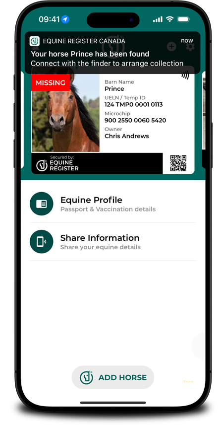 Notification de cheval retrouvé